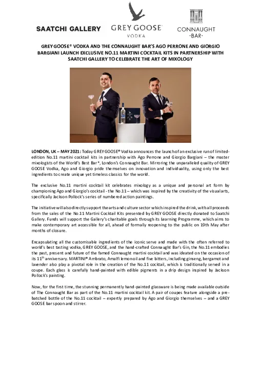 GREY GOOSE® VODKA AND THE CONNAUGHT BAR’S AGO PERRONE AND GIORGIO BARGIANI LAUNCH EXCLUSIVE NO.11 MARTINI COCKTAIL KITS IN PARTNERSHIP WITH SAATCHI GALLERY TO CELEBRATE THE ART OF MIXOLOGY