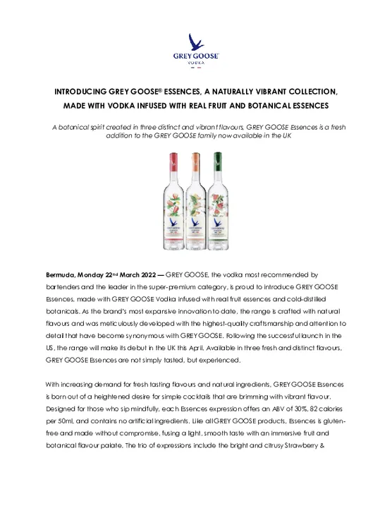 INTRODUCING GREY GOOSE® ESSENCES, A NATURALLY VIBRANT COLLECTION, MADE WITH VODKA INFUSED WITH REAL FRUIT AND BOTANICAL ESSENCES