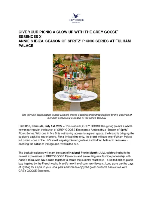  GIVE YOUR PICNIC A GLOW UP WITH THE GREY GOOSE® ESSENCES X  ANNIE’S IBIZA 'SEASON OF SPRITZ’ PICNIC SERIES AT FULHAM PALACE