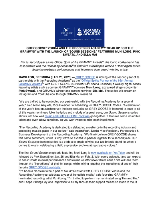 GREY GOOSE® VODKA AND THE RECORDING ACADEMY® GEAR UP FOR THE GRAMMYS® WITH THE LAUNCH OF 'SOUND SESSIONS,' FEATURING MUNI LONG, PINK SWEAT$, AND ELLA MAI 