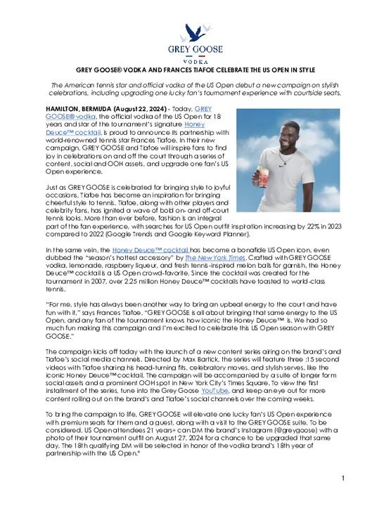 GREY GOOSE® VODKA AND FRANCES TIAFOE CELEBRATE THE US OPEN IN STYLE 